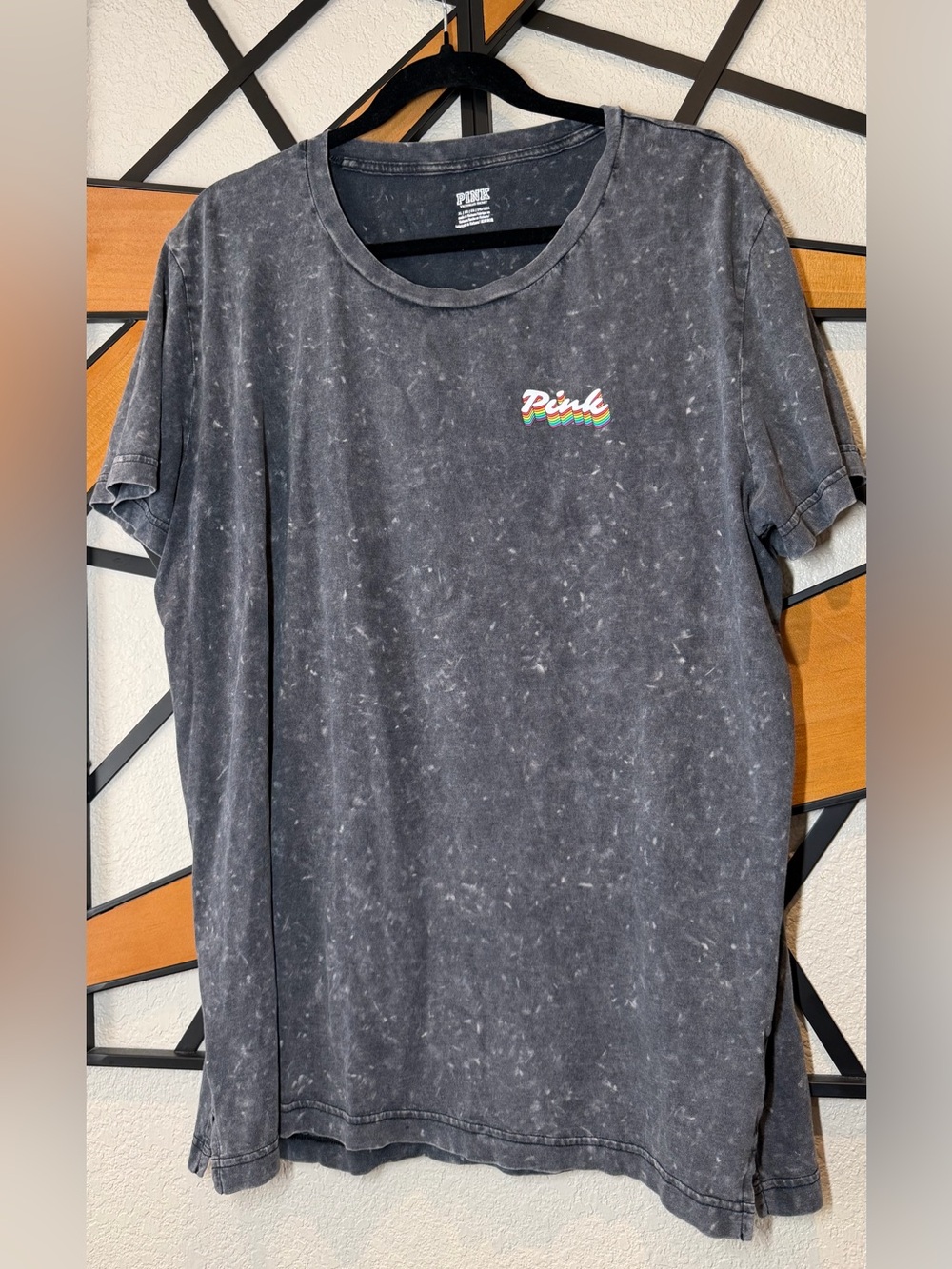 Victoria's Secret PINK Women’s Washed Black Tee with Multicolor Logo